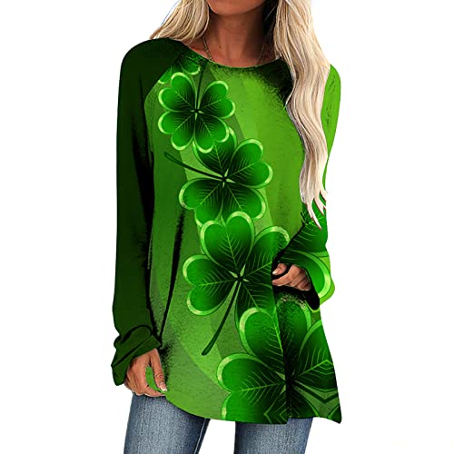 St. Patrick's Day Oberteile Damen Elegant Grün Pullover 3D Kleeblatt Druck Print Bluse Tunika Langarmshirt mit Letter Schriftung Basic Shirt Laufshirt mit O-Ausschnitt Frühling Sportbekleidung von TRIGLICOLEUM