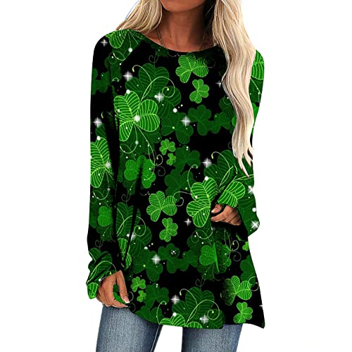 St. Patrick's Day Oberteile Damen Elegant Grün Pullover 3D Kleeblatt Druck Print Bluse Tunika Langarmshirt mit Letter Schriftung Basic Shirt Laufshirt mit O-Ausschnitt Frühling Sportbekleidung von TRIGLICOLEUM