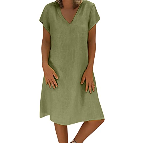 TRIGLICOLEUM Baumwolle Leinen Kleider für Frauen Sommerkleid Solide Kurzarm Sommerkleid Lose V-Ausschnitt Midikleid Knielang Kleider Damen Sommer Freizeitkleid Sommerkleid Damen von TRIGLICOLEUM