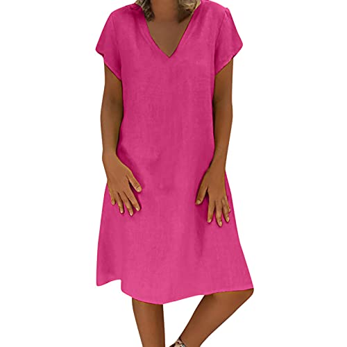 TRIGLICOLEUM Baumwolle Leinen Kleider für Frauen Sommerkleid Solide Kurzarm Sommerkleid Lose V-Ausschnitt Midikleid Knielang Kleider Damen Sommer Freizeitkleid Sommerkleid Damen von TRIGLICOLEUM