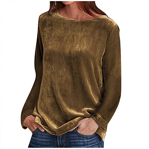 TRIGLICOLEUM Damen Gold Samt Oberteile Elegant Einfarbige Langarmshirt Basic Shirt Winter Warm Sweatshirt Tunika Tops Bequeme Weiche Bluse Frühling Rundhals Pullover Langarm Longshirt Blusenshirt von TRIGLICOLEUM