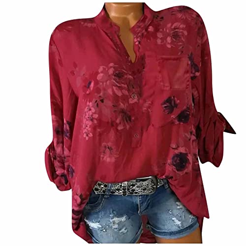 TRIGLICOLEUM Damen Große Größen Bluse Elegante Blumedruck Hemdbluse Stehkragen Blusenshirt Herbst Winter Basic Shirt Langarm Knopf Hemd Lockeres Leichte Freizeithemd Bequeme Blusen Tops S-5XL von TRIGLICOLEUM