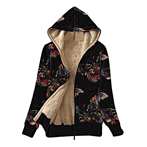 TRIGLICOLEUM Damen Plüsch Wintermantel Zipper Plüschjacke Doppelte Gesichtsabnutzung Kapuzenjacke Bunt Schmetterlings Muster Winterjacke Winter Warm Fleecejacke Langarm Übergangsjacke Plüschmantel von TRIGLICOLEUM