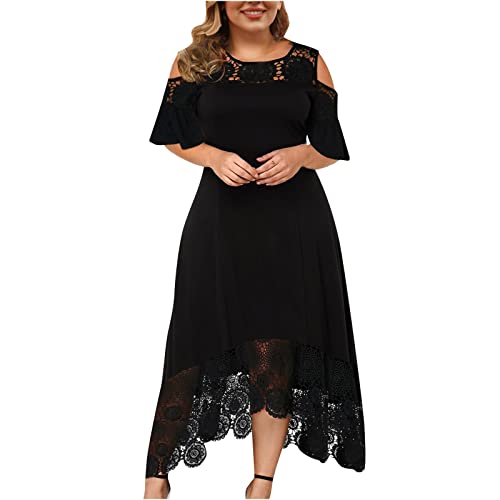 TRIGLICOLEUM Große Größen Abendkleid Damen Elegante Einfarbige Partykleid mit Spitze Nähten Rundhals Schulterfrei Cocktailkleid Rüschen Saum Ballkleid Kleid in A-Linie Maxikleid 5XL von TRIGLICOLEUM