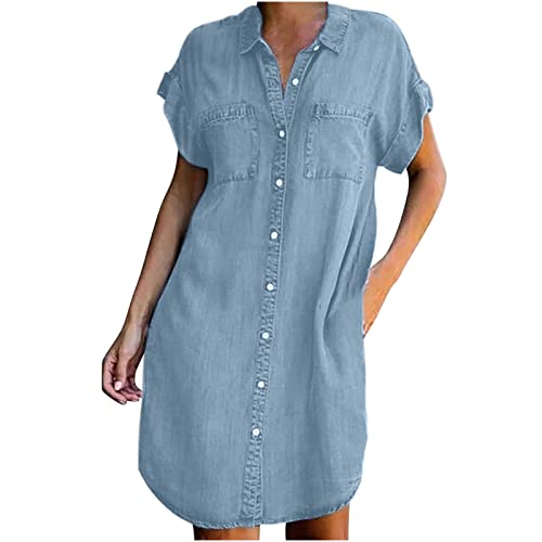 TRIGLICOLEUM Jeanskleid Damen Klassisches Einfarbiges Sommerkleid Modisches Blusenkleid mit Umlegekragen Bequemes Kurzarm Mantelkleid Gerades Kleid Freizeitkleid mit Knopf von TRIGLICOLEUM