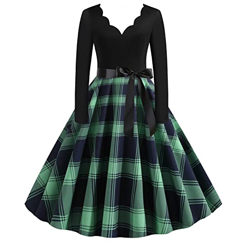 TRIGLICOLEUM Kariertes Weihnachtskleid Damen Langarm V-Ausschnitt Abendkleid Vintage Cocktailkleid Swing Kleid Festlich Weihnachten Ballkleid 50er Rockabilly Kleider Christmas Partykleid von TRIGLICOLEUM