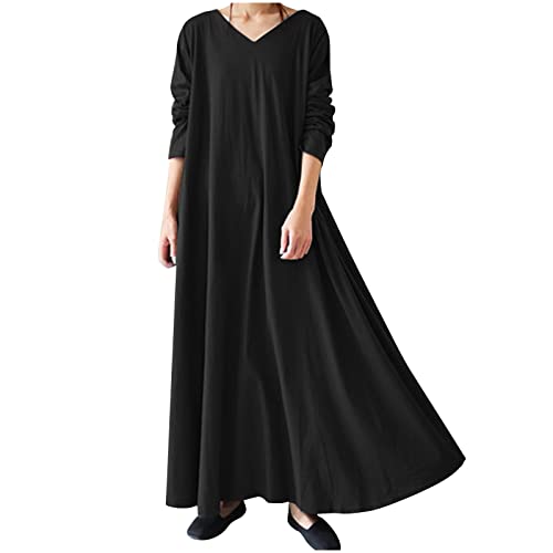 TRIGLICOLEUM Langes Kleid Damen Vintage Einfarbige Winterkleid Lose Baggy Kaftan Langarm V-Ausschnitt Pullover-Kleid Warme Baumwolle Maxikleid Freizeitkleid Tägliches Urlaubskleid Große Größen 5XL von TRIGLICOLEUM