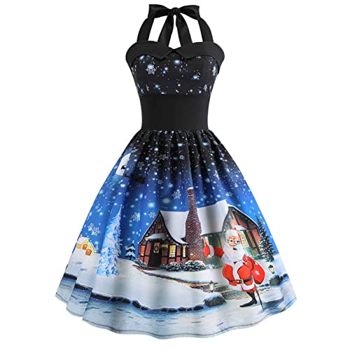 TRIGLICOLEUM Neckholder Weihnachtskleid Damen Ärmelloses Schulterfreies Ballkleid Weihnachten Abendkleid Ballkleid in A-Linie Weihnachtsdruck Cocktailkleid Christmas Kleider Hohe Taille Partykleid von TRIGLICOLEUM