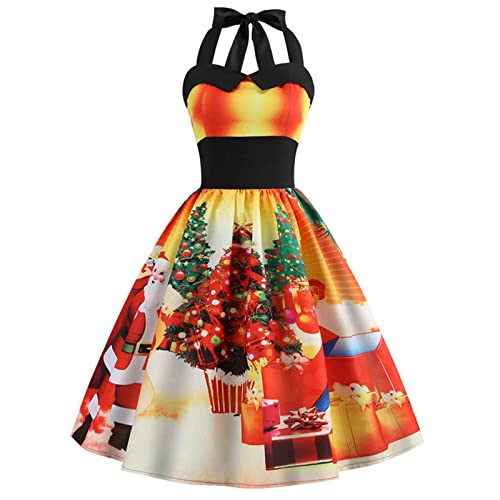 TRIGLICOLEUM Neckholder Weihnachtskleid Damen Ärmelloses Schulterfreies Ballkleid Weihnachten Abendkleid Ballkleid in A-Linie Weihnachtsdruck Cocktailkleid Christmas Kleider Hohe Taille Partykleid von TRIGLICOLEUM