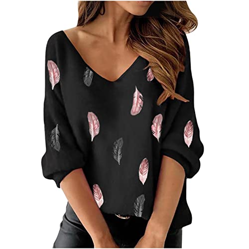 TRIGLICOLEUM Pullover Damen Bluse Tunika mit Bunten Feder Print Bequemes Langarmshirt Hemden Elegante Oberteile mit V-Ausschnitt Frühlings Herbst Basic Shirt Sportbekleidung Tops von TRIGLICOLEUM