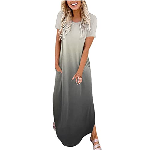 TRIGLICOLEUM Sommerkleid Damen Farbverlauf Lange Kleid Urlaub Strandkleid Kurzärmeliges Wickelkleid mit Rundhals Schlitz Maxikleid Freizeitkleid mit Tasche T-Shirt Kleider Partykleid von TRIGLICOLEUM