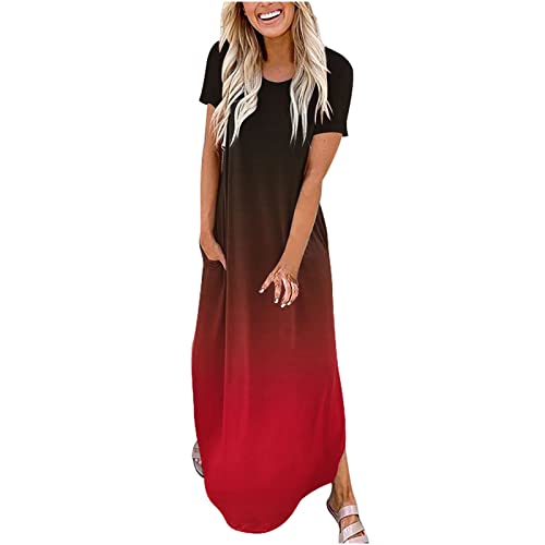 TRIGLICOLEUM Sommerkleid Damen Farbverlauf Lange Kleid Urlaub Strandkleid Kurzärmeliges Wickelkleid mit Rundhals Schlitz Maxikleid Freizeitkleid mit Tasche T-Shirt Kleider Partykleid von TRIGLICOLEUM