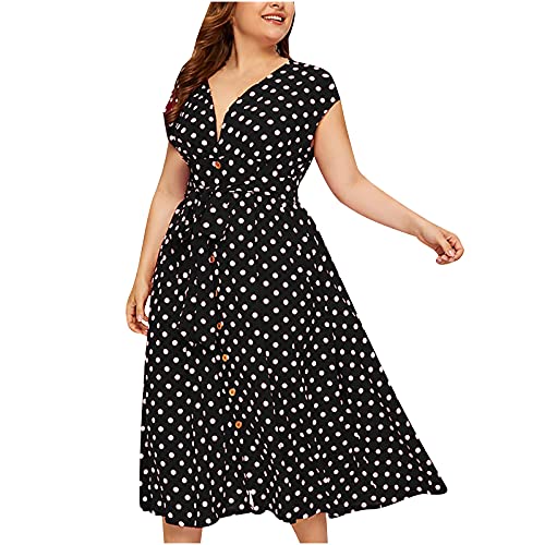 TRIGLICOLEUM Sommerkleid Damen Kleid Damenkleider Damen Plus Size Kleid Polka Dot Print Empire Kleid Schnürbund V-Ausschnitt Rock Neue Robe (Black, X-Large) von TRIGLICOLEUM