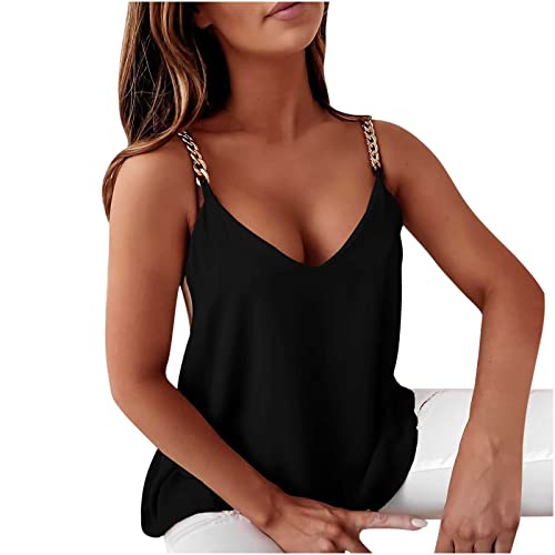 TRIGLICOLEUM Spaghettiträger Shirt Damen Einfarbiges Leibchen Sexy Camis mit Tiefem V-Ausschnitt Strapsweste mit Metallkette Lässige Lockere Tanktops Ärmellose Bluse Tunika Sommer Oberteile Tshirt von TRIGLICOLEUM