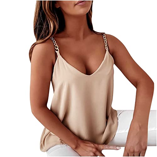 TRIGLICOLEUM Spaghettiträger Shirt Damen Einfarbiges Leibchen Sexy Camis mit Tiefem V-Ausschnitt Strapsweste mit Metallkette Lässige Lockere Tanktops Ärmellose Bluse Tunika Sommer Oberteile Tshirt von TRIGLICOLEUM