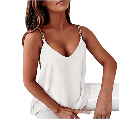 TRIGLICOLEUM Spaghettiträger Shirt Damen Einfarbiges Leibchen Sexy Camis mit Tiefem V-Ausschnitt Strapsweste mit Metallkette Lässige Lockere Tanktops Ärmellose Bluse Tunika Sommer Oberteile Tshirt von TRIGLICOLEUM