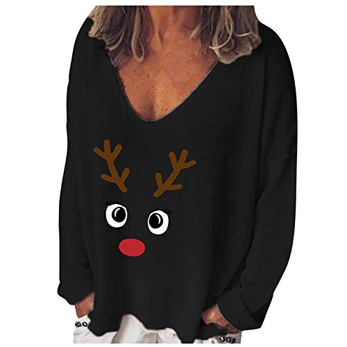 TRIGLICOLEUM Weihnachtspullover Damen Oversize Bluse mit V-Ausschnitt Weihnachten Langarm Pullover Locker Langarmshirt Herbst Winter Leichte Longshirt Elchdruck Oberteile Christmas Pulli Tops S-5XL von TRIGLICOLEUM