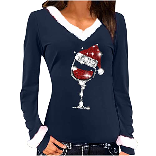 TRIGLICOLEUM Weihnachtspullover Damen Samt V-Ausschnitt Langarmshirt Weihnachten Bluse Rot Weinglas Druck Oberteile Herbst Winter Sweatshirt Christmas Pullover Weihnachtspulli Tunika Shirt Tops von TRIGLICOLEUM