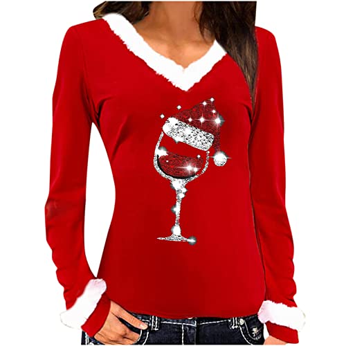 TRIGLICOLEUM Weihnachtspullover Damen Samt V-Ausschnitt Langarmshirt Weihnachten Bluse Rot Weinglas Druck Oberteile Herbst Winter Sweatshirt Christmas Pullover Weihnachtspulli Tunika Shirt Tops von TRIGLICOLEUM