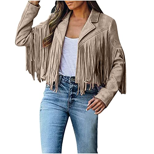 TRIGLIKOLEUM Damen Faux Wildleder Lederjacke mit Quasten Crop Fransen Strickjacke Mantel Freizeit Langarm Übergangsjacke Kurze Fransenjacke Motorradjacke Bikerjacke Outdoor Jacke Fransenmantel von TRIGLICOLEUM