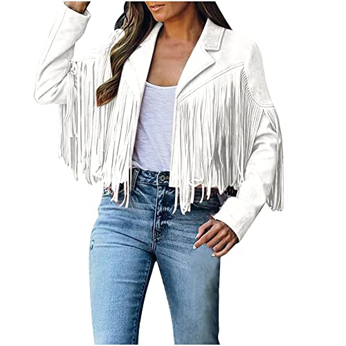 TRIGLIKOLEUM Damen Faux Wildleder Lederjacke mit Quasten Crop Fransen Strickjacke Mantel Freizeit Langarm Übergangsjacke Kurze Fransenjacke Motorradjacke Bikerjacke Outdoor Jacke Fransenmantel von TRIGLICOLEUM