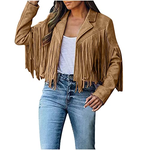 TRIGLIKOLEUM Damen Faux Wildleder Lederjacke mit Quasten Crop Fransen Strickjacke Mantel Freizeit Langarm Übergangsjacke Kurze Fransenjacke Motorradjacke Bikerjacke Outdoor Jacke Fransenmantel von TRIGLICOLEUM