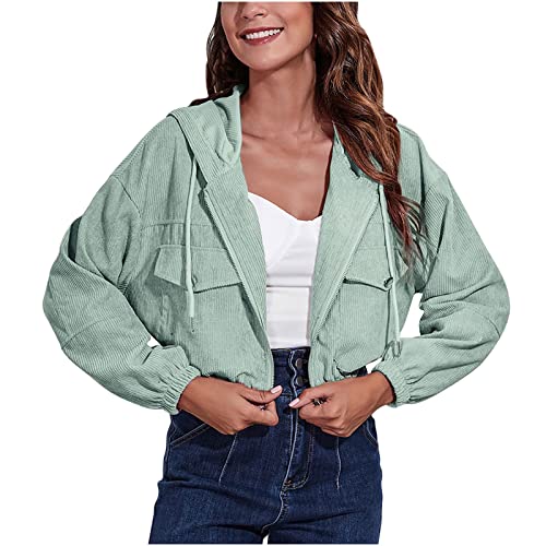 TRIGLIKOLEUM Hemdjacke Damen Crop Cordjacke Mit Kapuze Langarm Hemd Bluse Herbst Winter Übergangsjacke Revers Hemdbluse Jacke Locker Cord Kapuzenjacke Einreihige Strickjacke Freizeithemd Mantel von TRIGLICOLEUM