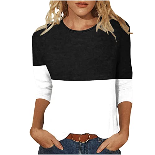 Top Damen Farbblock Patchwork Oberteile 3/4 Arm Bluse Schmale Passform Tshirt Sommer Tops Basic Shirt Tunika Pullover mit O-Ausschnitt Bequeme Longtops T-Shirt Beachwear Blusen Geschenk für Frauen von TRIGLICOLEUM