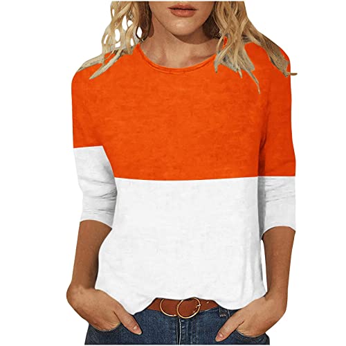 Top Damen Farbblock Patchwork Oberteile 3/4 Arm Bluse Schmale Passform Tshirt Sommer Tops Basic Shirt Tunika Pullover mit O-Ausschnitt Bequeme Longtops T-Shirt Beachwear Blusen Geschenk für Frauen von TRIGLICOLEUM