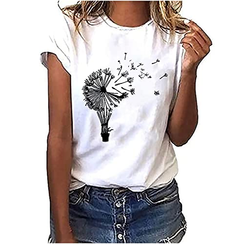 Tshirt Damen Sommer Tops Einfaches Blumendruck T-Shirt Kurzarm Oberteile mit Rundhals Herbst Winter Basic Shirt Pullover Lockere Bequeme Tunika Bluse Shirts Damen Sommer Longshirt Laufshirt von TRIGLICOLEUM