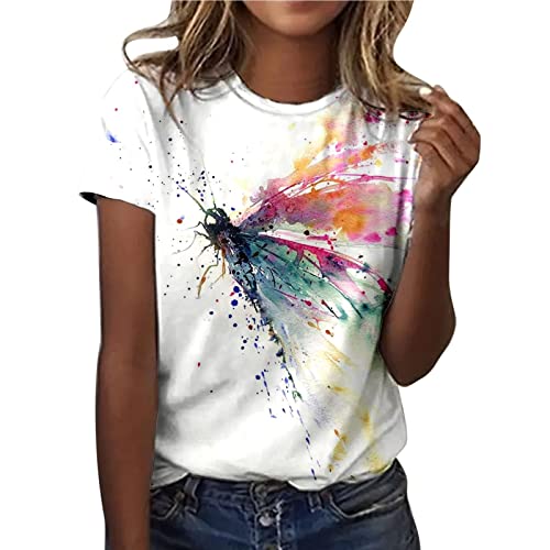 Tshirt Damen Sommer Weißes T Shirt Blusen & Tuniken für Damen Sommerlich Kurzarm T-Shirt Oberteile Bluse mit Aufdruck Bunte Blumen Party Rundhals Tee Tops Pullover Sommer Shirt Tunika Hemden von TRIGLICOLEUM