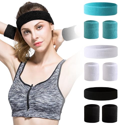 TRKETK 3 Stück Teiliges Schweißband Set, Übung Basketball Handgelenkband Schweißbänder Stirnband Armband Set Schweißband für Männer und Frauen Frottee Baumwoll Armband für Fitnessstudio Tennis Sport von TRKETK