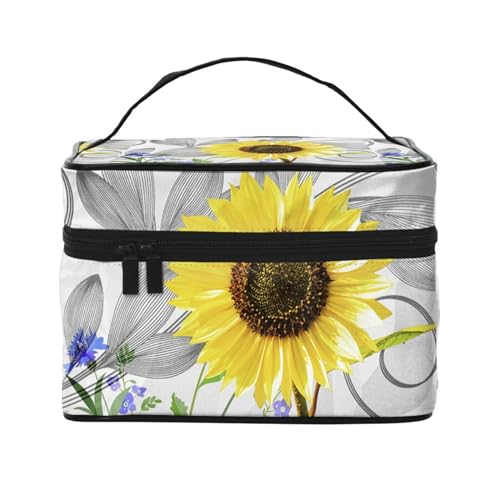 Aquarell gelbe Sonnenblumen Blaue Blumen, Make-up-Tasche, Kosmetiktasche, tragbare Reise-Kulturtasche, Federmäppchen von TRUIGYN