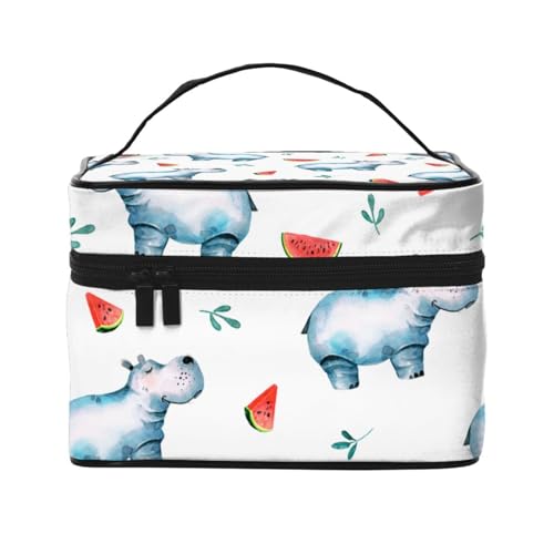 Aquarell niedliche Nilpferd-Wassermelone, Make-up-Tasche, Kosmetiktasche, tragbare Reise-Kulturtasche, Federmäppchen von TRUIGYN