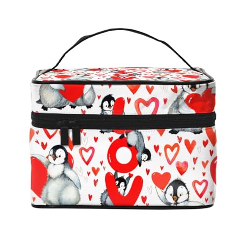Niedlicher Pinguin-Valentinstag, Make-up-Tasche, Kosmetiktasche, tragbare Reise-Kulturtasche, Federmäppchen von TRUIGYN