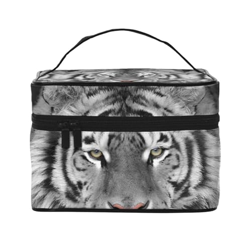 Weißer schöner Tigerdruck, Make-up-Tasche, Kosmetiktasche, tragbare Reise-Kulturtasche, Federmäppchen von TRUIGYN