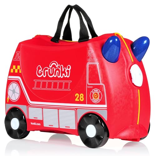 Trunki Handgepäck Und Kinderkoffer zum Draufsitzen | Kinder Risen Geschenk für Mädchen Und Jungen | Trolley Frank Feuerwehrauto (Rot) von TRUNKI