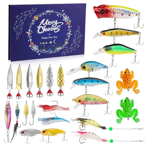 TRUSCEND Adventskalender Angelköder-Set für Männer, Teenager und Jungen, lebensechte Swimbaits für Barsch, Hecht, 24-Tage-Überraschungs-Countdown-Angelzubehör-Set, Angelgeschenke für Fischer und Vater von TRUSCEND