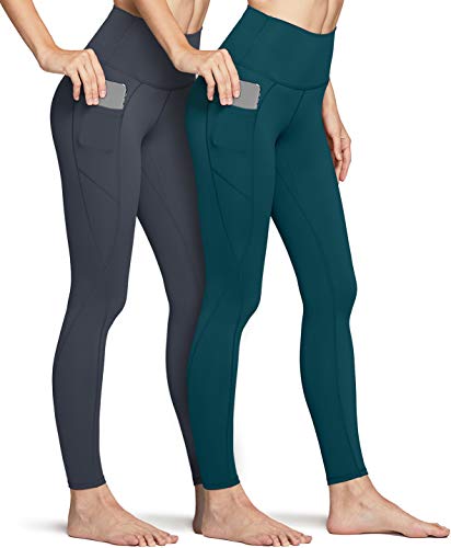 TSLA Damen High Waist Yoga-Hosen mit Taschen, Bauchkontrolle Yoga Leggings, Non-See-Through 4 Way Stretch Workout Tights, Fap50 2pack - Charcoal/Dark Green, XL von TSLA