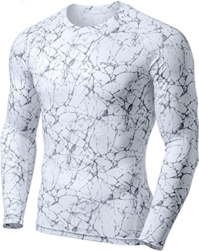 TSLA Herren Langarm-Kompressionsshirts mit UPF 50+, sportliches Trainingsshirt, Ausschlagschutz für Wassersport, Mud01 1pack - Marble White, L von TSLA
