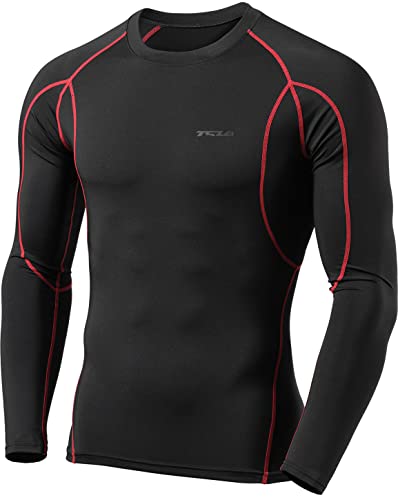TSLA Herren Langarm-Kompressionsshirts mit UPF 50+, sportliches Trainingsshirt, Ausschlagschutz für Wassersport, Mud11 1pack - Dark Black & Red, S von TSLA