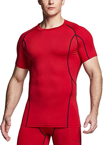 TSLA Herren Dri Fit Kompressionsunterwasche Athletischer Kurzarm T-Shirt, Mub33 1pack - Red, XL von TSLA