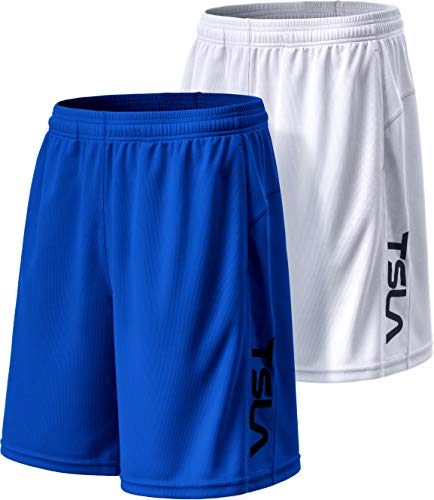 TSLA Herren athletische Mesh Shorts, Quick Dry Basketball Laufhose, Fitnesstraining Workout Shorts mit Taschen, Mbh22 2pack - Blue/White, S von TSLA