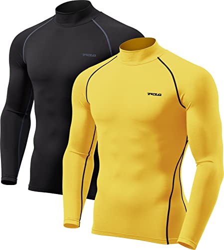 TSLA Thermale Kompressionsunterwäsche Wintergear Sport Langarm-Shirt mit Fleece-Futter für Herren, Yut22 2pack - Black&Charcoal/Yellow, XL von TSLA