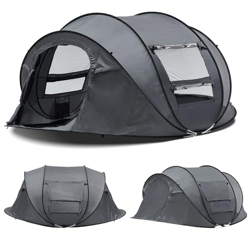 TUKAILAI Pop Up Zelt 3-4 Person Automatische Camping Zelt Dome Pop-Up Zelt Wasserdicht 2-Türen 4 Windows Instant Zelt mit Tragetasche für Camping Angeln Wandern Reisen (Grau) von TUKAILAI