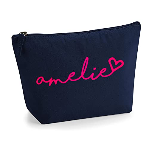 Personalisiert Handgeschriebener Name Initialen Text Kosmetiktasche Damen Schminktasche für Handtasche Makeup Tasche - Glitter oder Flocke Material Druck - Neonrosa Flocke - L | Marine Blau von TULLUN