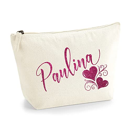 Personalisiert Name Initialen Herz Wirbel Kosmetiktasche Damen Schminktasche für Handtasche Makeup Tasche - Glitter oder Flocke Material Druck - Rosa Glitzer - L | Natürlich von TULLUN