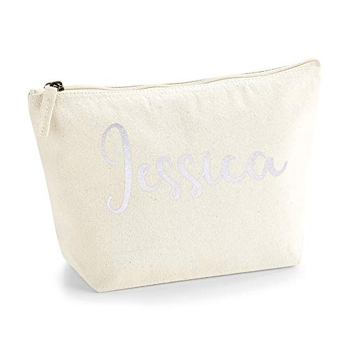 Personalisiert Name Initialen Kosmetiktasche Damen Schminktasche für Handtasche Makeup Tasche - Glitter oder Flocke Material Druck - Holo Weißer Glitzer - S | Natürlich von TULLUN