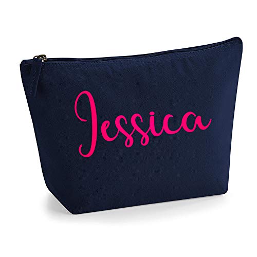 Personalisiert Name Initialen Kosmetiktasche Damen Schminktasche für Handtasche Makeup Tasche - Glitter oder Flocke Material Druck - Neonrosa Flocke - L | Marine Blau von TULLUN