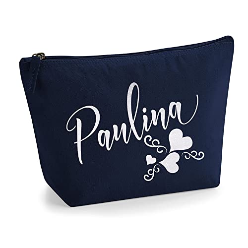 Personalisiert Name Initialen Text 3 Herz Wirbel Kosmetiktasche Damen Schminktasche für Handtasche Makeup Tasche - Glitter oder Flocke Material Druck - Holo Weißer Glitzer - L | Marine Blau von TULLUN